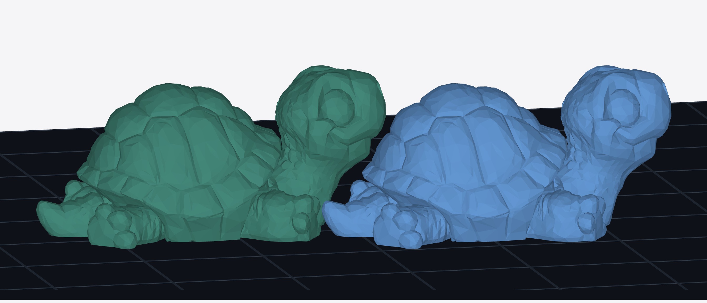 Two tortoises from the side: one shell rides over the other's legs without touching